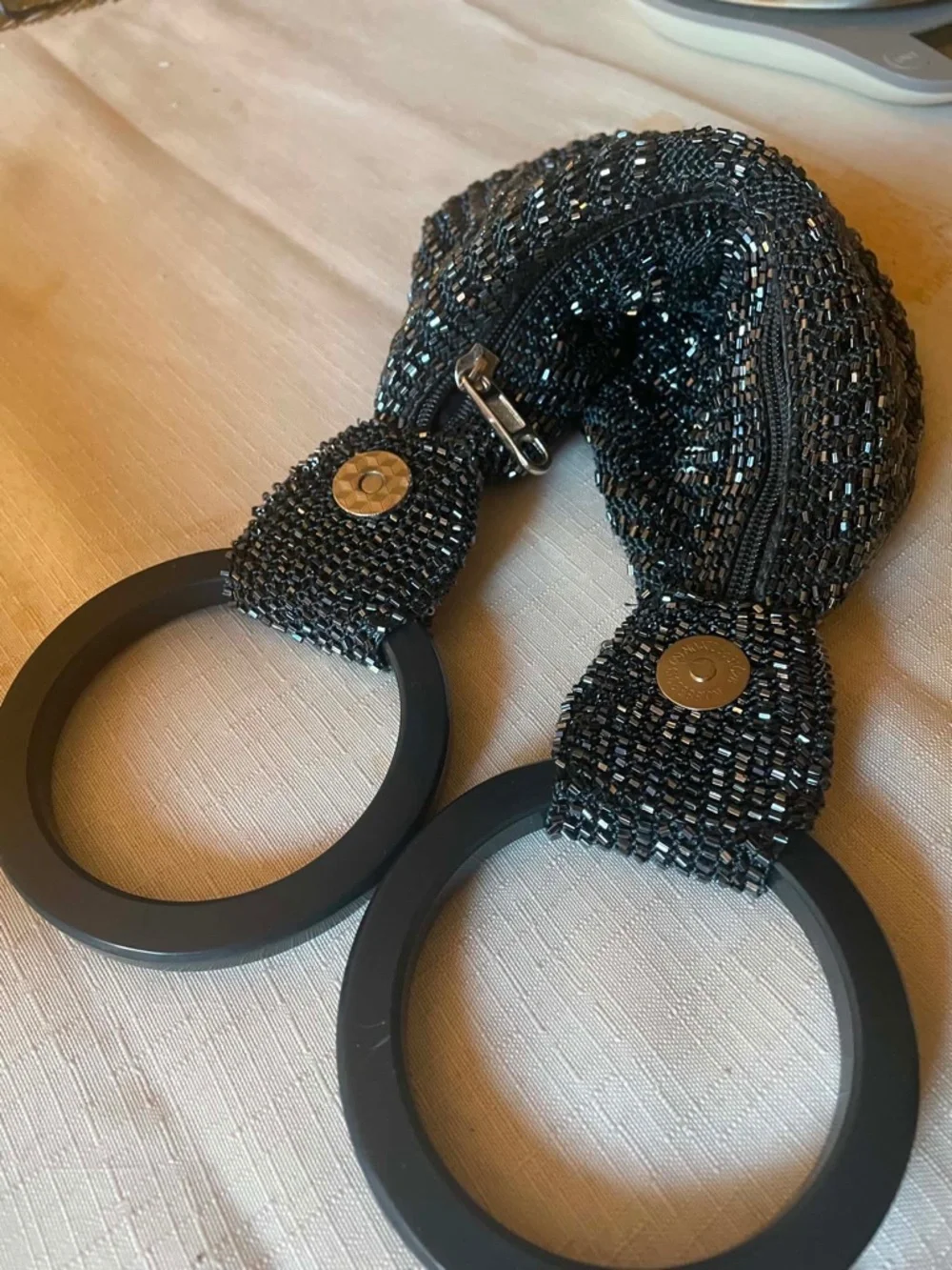 Ricki Designs Beaded Ring Handle Wristlet Bag Purse Blue/Black Sparkle Magnetic